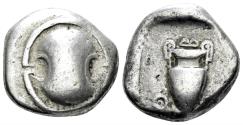 Ancient Coins - Boiotia, Thebes. Circa 426-395 BC. AR Stater (11.42 gm, 21mm). Head, Boeotia p. 36-37