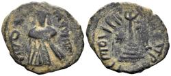 World Coins - Islamic, Umayyad Caliphate. 'Abd al-Malik ibn Marwan. AH 65-86 / 685-705 AD. AE Fals (3.53g, 22mm). Qinnasrin mint. Struck circa 690s. Foss 107