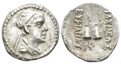 Ancient Coins - Greco-Baktrian Kingdom. Eukratides I Megas. Circa 170-145 BC. AR Obol (0.65g, 11.5mm). Bopearachchi 3G