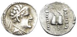 Ancient Coins - Greco-Baktrian Kingdom. Eukratides I Megas. Circa 170-145 BC. AR Obol (0.68g, 12mm). SNG ANS 443