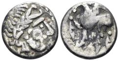 Ancient Coins - Eastern Celts. Skordoski in Syrmia. Circa 3rd-2nd century BC. AR Drachm (2.40g, 14mm). Imitating Philip II of Macedon, "Kugelwange" type. Dembski 1110
