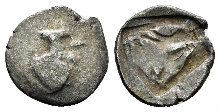 Ancient Coins - Pamphylia, Aspendos. Circa 465-430 BC. AR Obol (0.67 gm, 11mm). SNG BN 14