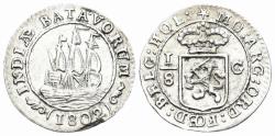 World Coins - Dutch Colony. Batavian Republic. Dated 1802. 1/8 Gulden (1.26g, 20mm). Enkhuizen mint. KM83; Scholt-448a