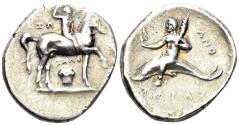 Ancient Coins - Calabria, Tarentum. Circa 280-272 BC. AR Didrachm or Nomos (6.34g, 22mm). Zo..., Zalo... and Anth..., magistrates. Vlasto 804