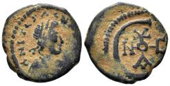 Ancient Coins - Justinian I. 527-565. AE Pentanummium (2.00g, 15mm). Theoupolis (Antioch) mint. Struck circa 560-5. SB 245