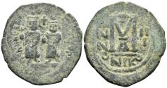 Ancient Coins - Heraclius, with Heraclius Constantine. 610-641. AE Follis (12.52g, 32mm). Nicomedia mint. Dated RY 3 (612/3). SB 834