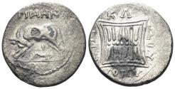 Ancient Coins - Illyria. Apollonia. Circa 80/70-48 BC. Plated Drachm (2.00g, 17mm). Timen- and Epikados, magistrates. Double stellate pattern