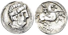 Ancient Coins - Spain, Turiasu. Early 1st century BC. AR Denarius (3.10g, 18mm). SNG BM Spain 959–68
