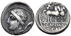 Ancient Coins - L. C. Memies L. F. Galeria. 87 BC. AR Denarius (3.82g, 17mm). Rome mint. Crawford 349/1
