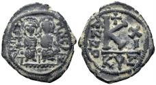 Ancient Coins - Justin II, with Sophia. 565-578. AE Half Follis (5.99g, 25mm). Cyzicus mint. Dated RY 11 (575/6 AD). SB 373