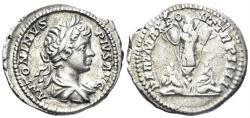 Ancient Coins - Caracalla. 198-217 AD. AR Denarius (3.38g, 20.5mm). Rome mint. Struck 201 AD. RIC 54b
