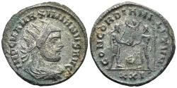 Ancient Coins - Maximianus I. 285-310 AD. AE Radiatus (4.00g, 21mm). Cyzicus mint. Struck 293 AD. RIC 607