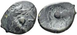 Ancient Coins - Celtic Eastern Europe. Skordoski in Syrmia. 3rd-2nd centuries BC. AE ‘Tetradrachm’ (9.82g, 27mm). Imitating Philip II of Macedon, "Kugelwange" type. OTA 197/12-13