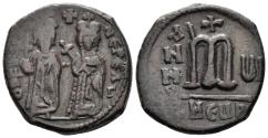 Ancient Coins - Phocas with Leontia. 602-610. AE Follis (11.46g, 26mm). Theoupolis (Antioch) mint. Dated RY 6 (607/8). SB 671