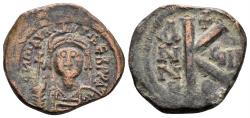 Ancient Coins - Maurice Tiberius. 582-602. AE Half Follis (5.77g, 22mm). Constantinople mint. Dated RY 8 (589/90). SB 497