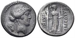 Ancient Coins - Clodius M.f. Turrinus. 42 BC. AR Denarius (3.98g, 18mm). Rome mint. Crawford 494/23
