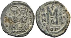Ancient Coins - Justin II and Sophia. 565-578. AE Follis (16.00g, 28mm). Constantinople mint. Dated RY 2 (566/7). SB 360