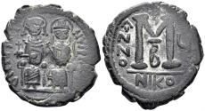 Ancient Coins - Justin II and Sophia. 565-578. AE Follis (15.36g, 31mm). Nicomedia mint. Dated RY 6 (569-70). SB 369
