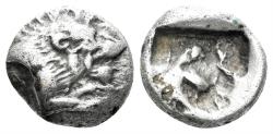 Ancient Coins - Karia, Uncertain mint. Circa 5th Centuries BC. AR Diobol (1.79g, 8mm). SNG von Aulock 2338-9 var. (obv. type left)