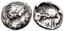 Ancient Coins - Lucania, Herakleia. Circa 432-420 BC. AR Diobol (1.20g, 12mm). HN Italy 1360