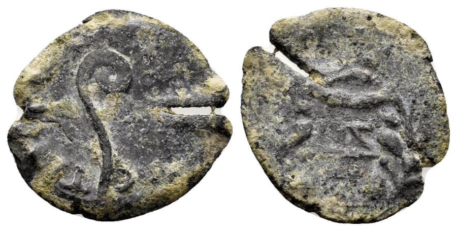 Ancient Coins - Judaea, Roman Procurators. Pontius Pilate, 26-36 AD. AE Prutah (1.64 gm, 17mm). Jerusalem mint. Dated year 17 (30 AD). Hendin 649
