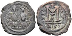 Ancient Coins - Justin II and Sophia. 565-578. AE Follis (15.15g, 32mm). Nicomedia mint. Dated RY 6 (569-70). SB 369