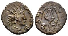 Ancient Coins - Tetricus II, Caesar. 272-274 AD. AE Antoninianus (2.38 gm, 16mm). Irregular mint. Spes walking left, holding flower and raising hem of skirt