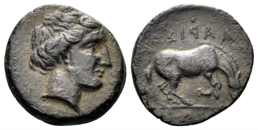 Ancient Coins - Thessaly, Larissa. Late 4th century BC. AE Dichalkon (2.78 gm, 16.5mm). Cf. BCD 390. Rare variant