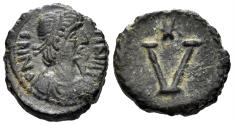 Ancient Coins - Justinian I. 527-565. AE Pentanummium (1.69g, 12mm). Rome mint. SB 338