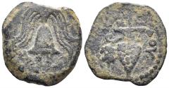 Ancient Coins - Judaea, Herodians. Herod Archelaus, 4 BC-6 AD. AE Prutah (2.25g, 17mm). Jerusalem mint. Circa 1 AD. RPC I 4917