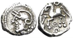 Ancient Coins - Celtic Central Gaul. Aedui. Circa 80-50 BC. AR Quinarius (1.98g, 15mm). "Kaletedou"-Type. LT 8178