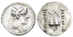 Ancient Coins - Greco-Baktrian Kingdom. Eukratides I Megas. Circa 170-145 BC. AR Obol (0.66g, 11.5mm). SNG ANS 443