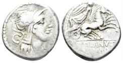 Ancient Coins - D. Silanus L.f, 91 BC. AR Denarius (3.89g, 17mm). Rome mint. Crawford 337/3