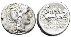 Ancient Coins - Mallius Mancinus, Ap. Claudius Pulcher, and Q. Urbinius. 111-110 BC. AR Denarius (3.83g, 18mm). Rome mint. Crawford 299/1b