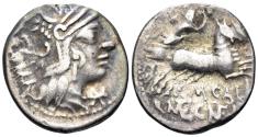 Ancient Coins - M. Calidius, Q. Metellus, and Cn. Fulvius. 117-116 BC. AR Denarius (3.84g, 19mm). Rome mint. Crawford 284/1a