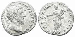 Ancient Coins - Marcus Aurelius. 161-180 AD. AR Denarius (2.96g, 18mm). Rome mint. Struck 166 AD. RIC 159 corr.