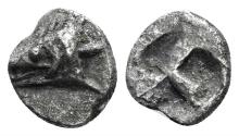 Ancient Coins - Mysia, Kyzikos. Circa 550-480 BC. AR Hemiobol (0.34 gm, 8mm). Rosen 515