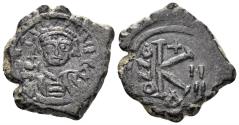 Ancient Coins - Maurice Tiberius. 582-602. AE ½ Follis (7.05 gm, 25mm). Constantinople mint. Dated RY 4 (579/80). SB 497