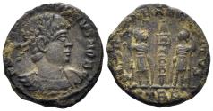 Ancient Coins - Constantius II, as ceasar. 337-361 AD. AE Follis (1.85g, 15mm). Treveri mint. Struck 335-7 AD. RIC 592