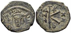 Ancient Coins - Maurice Tiberius. 582-602. AE Half Follis (6.57g, 25mm). Constantinople mint. Dated RY 6 (579/80). SB 497
