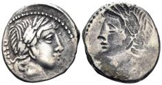 Ancient Coins - C. Vibius C.f. Pansa. 90 BC. AR Denarius (3.87g, 18mm). Obverse brockage. Rome mint. Cf. Crawford 342/5b