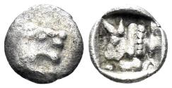 Ancient Coins - Karia. Uncertain mint. Circa 400-300 BC. AR Tetartemorion (0.18g, 7mm). Apparently unpublished