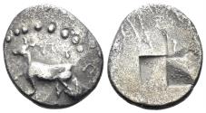 Ancient Coins - Thrace, Byzantion. Circa 340-320 BC. AR 1/10 Stater (1.02g, 12mm). SNG BM Black Sea 42-48