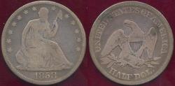 Us Coins - 1858 SEATED HALF DOLLAR  GOOD+