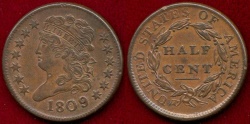 Us Coins - 1809/6  HALF CENT  AU58
