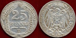 World Coins - GERMANY 1909-D...... 25 PFENNIG  
