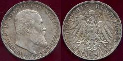 World Coins - WURTTEMBERG  1909 F  GERMAN 3 MARK.. WILHELM II