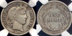 Us Coins - 1909-D BARBER DIME  NGC  VF25