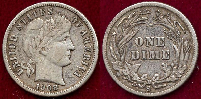 1908-S BARBER DIME XF | 10 Cents