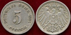 World Coins - GERMANY 1901-G.... 5 PFENNIG  XF